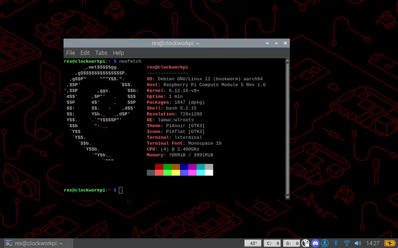 Preview image from ClockworkPi forum for “Rex's Debian Bookworm 6.12.y image”